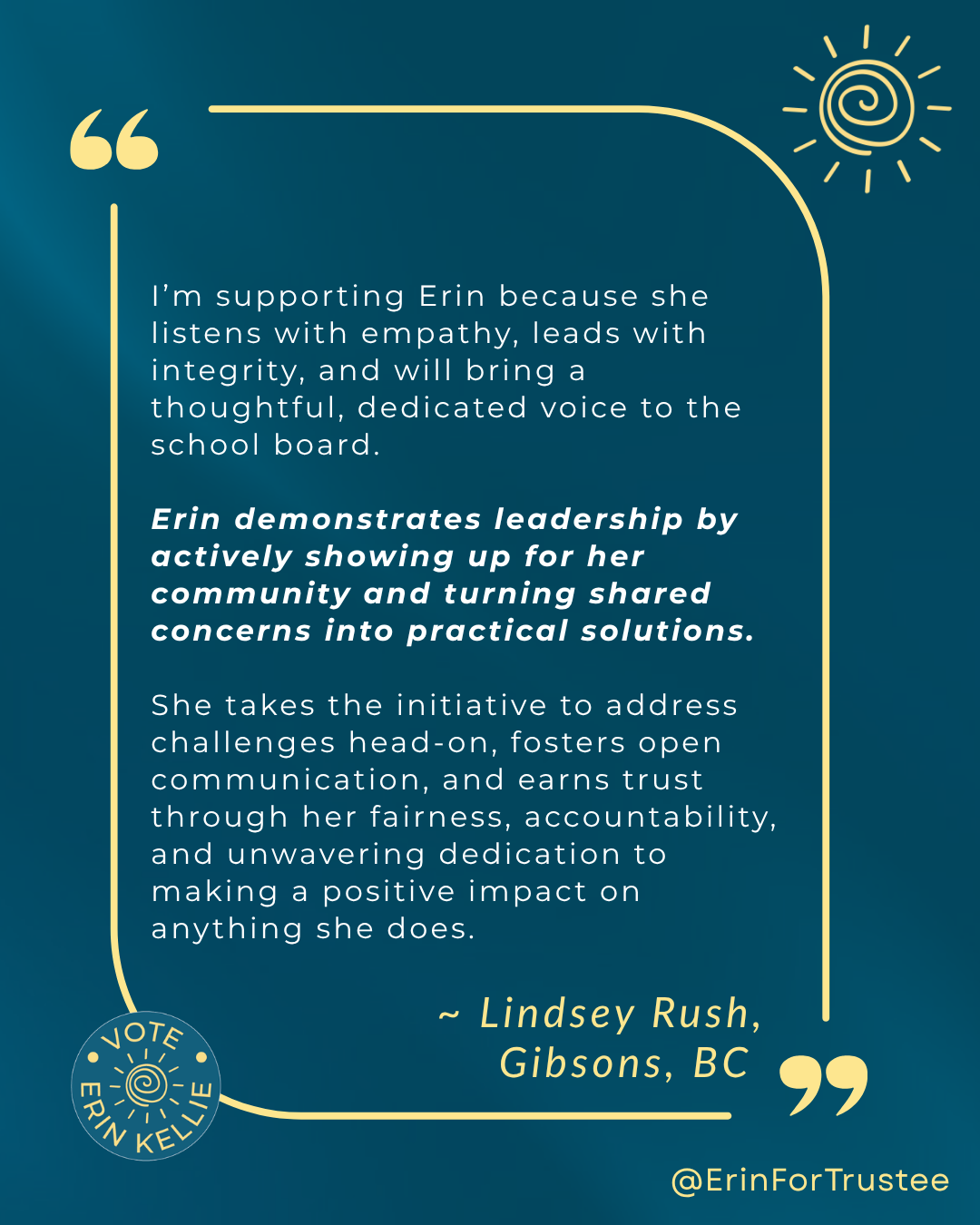 Lindsey Rush endorsement of Erin Kellie for School Trustee SD46
