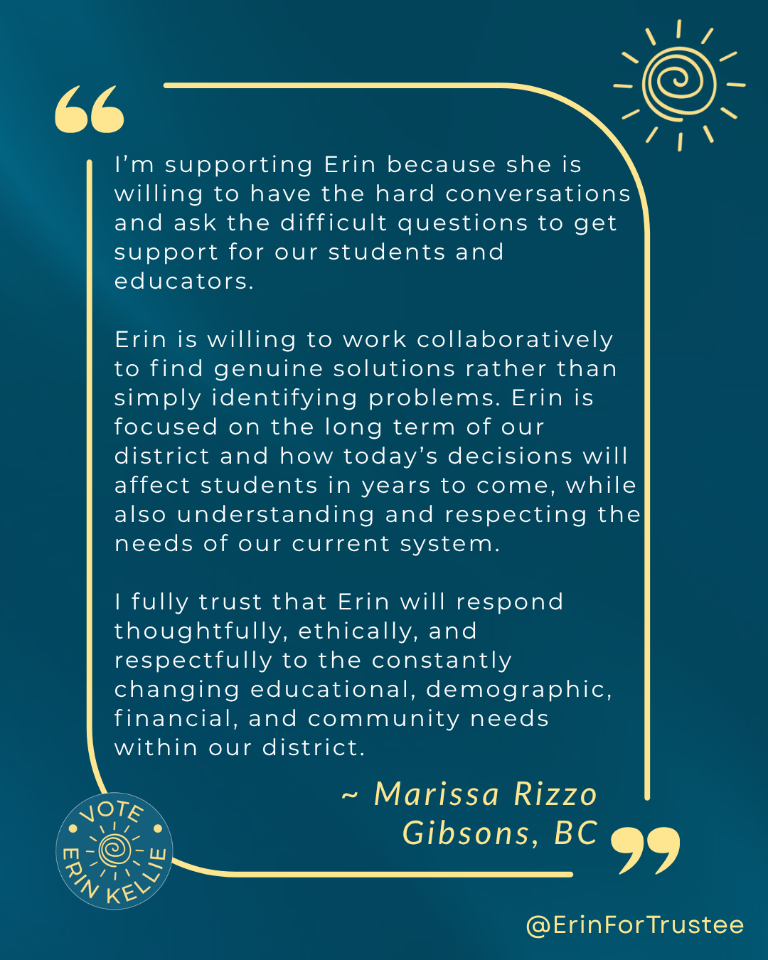 Marissa Rizzo endorsement of Erin Kellie for School Trustee SD46